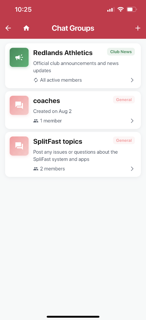 SplitFast Club Connect app Chat Groups screen showing Redlands Athletics club news channel, coaches group and SplitFast topics group with member counts